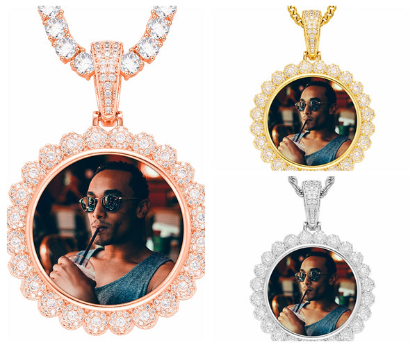 Personalized Sunflower Photo Pendant Customized Hip Hop Necklace w/ Gift Box