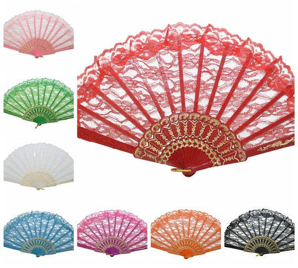 Wholesale Wedding Party Flower Print Multi-Pattern Decoration Fabric Folding Lace Silk Trim Hand Fan (Colorful Lace)