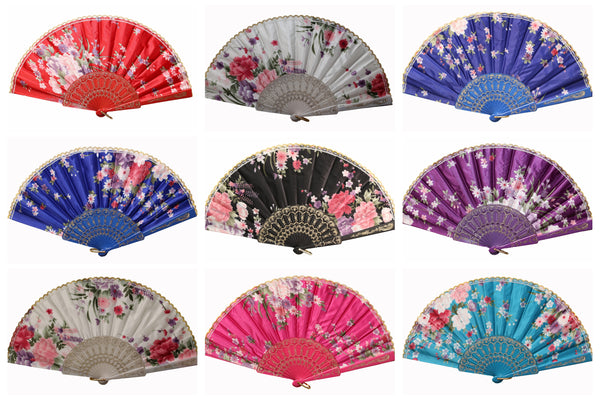 Wholesale Wedding Party Flower Print Multi-Pattern Decoration Fabric Folding Lace Silk Trim Hand Fan (Colorful Silk)