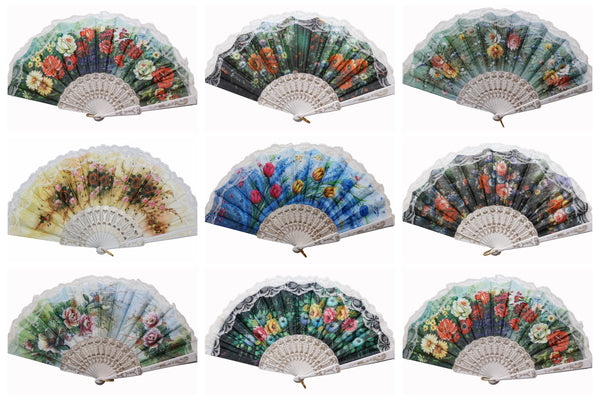 Wholesale Wedding Party Flower Print Multi-Pattern Decoration Fabric Folding Lace Silk Trim Hand Fan (White Frame)