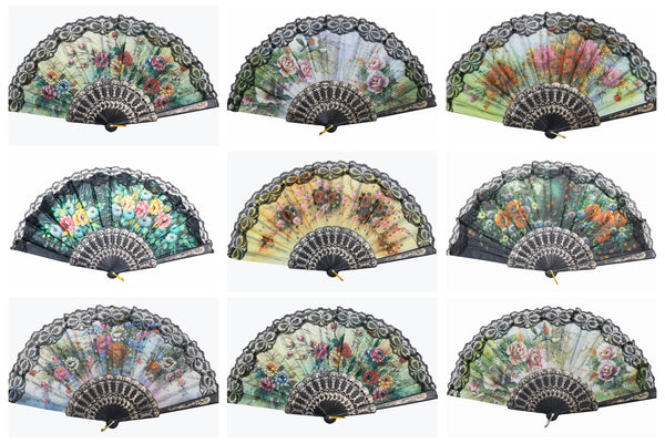 Wholesale Wedding Party Flower Print Multi-Pattern Decoration Fabric Folding Lace Silk Trim Hand Fan (Black Frame)