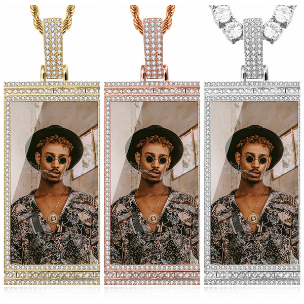 Personalized Big Rectangle Photo Pendant Customized Hip Hop Necklace w/ Gift Box