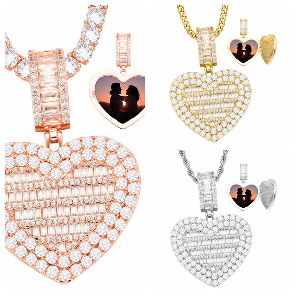 Personalized Heart Locket Photo Inside Pendant Customized Hip Hop Necklace w/ Gift Box