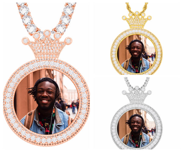 Personalized Crown Photo Pendant Customized Hip Hop Necklace w/ Gift Box