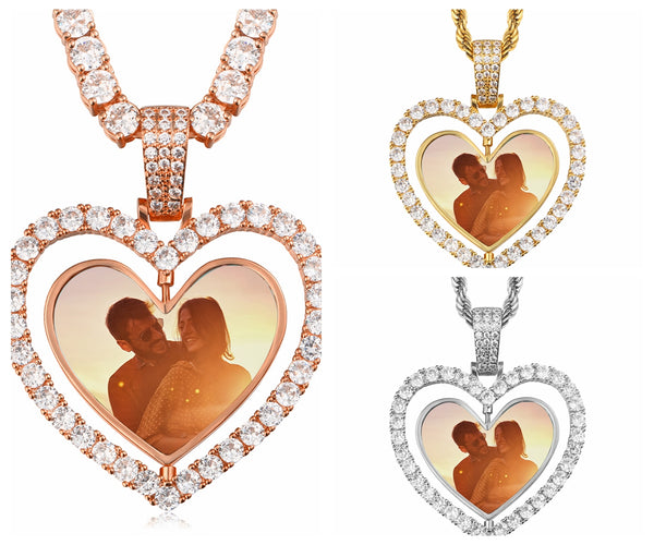 Personalized 2-Side Heart Photo Pendant Customized Hip Hop Necklace w/ Gift Box