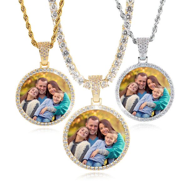 Personalized Small Round Photo Pendant Customized Hip Hop Necklace w/ Gift Box