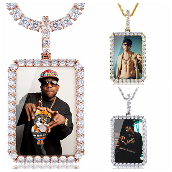 Personalized Medium Rectangle Photo Pendant Customized Hip Hop Necklace w/ Gift Box