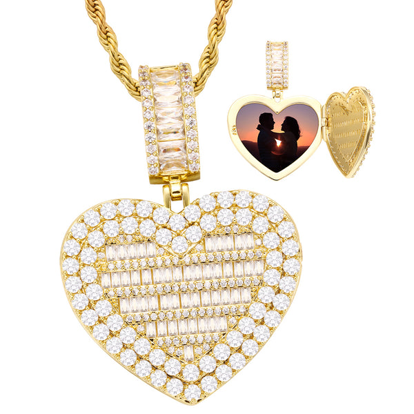 Personalized Heart Locket Photo Inside Pendant Customized Hip Hop Necklace w/ Gift Box