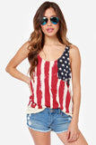 Fashion Women Patriotic American Flag Print Lace Camisole Tank Top