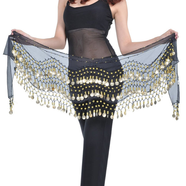 Vogue Style Chiffon Dangling Gold Coins Belly Dance Hip Scarf