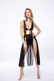 2 PCs Women's Sexy Stunning Black Sheer Panel Gown With Accent Gold band Racy Lingerie Set