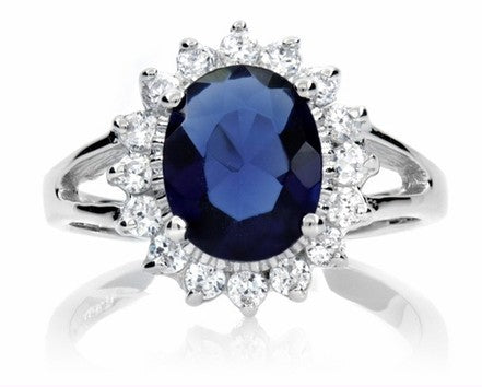 Premium Kate Middleton's Engagement Necklace Ring Earring Set Simulated Sapphire Blue Color Cubic Zirconia