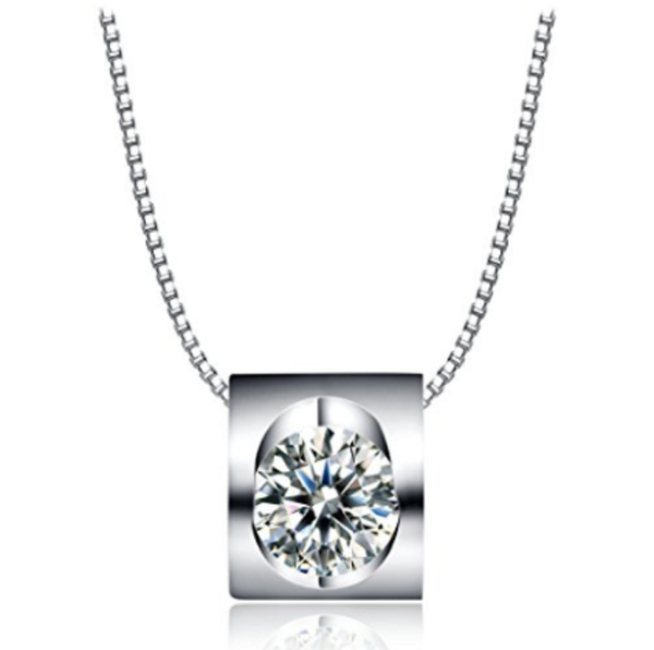 Square Sterling Silver Pendant with a Sparkling Eye-Catching Crystal on a Delicate Dainty Chain