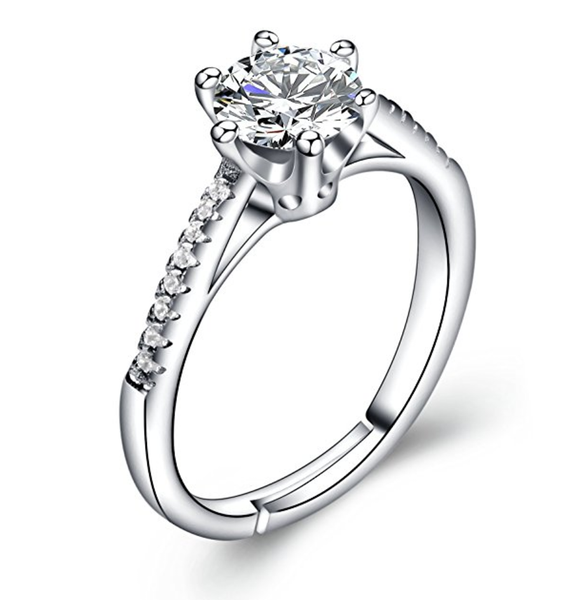Beautiful Sterling Silver Ring with A Sparkling Crystal Accompanied by Smaller Crystals Adjustable Size
